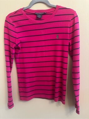 Ralph Lauren Women's  Pink & Navy Striped Crewneck Long Sleeve Size Medium